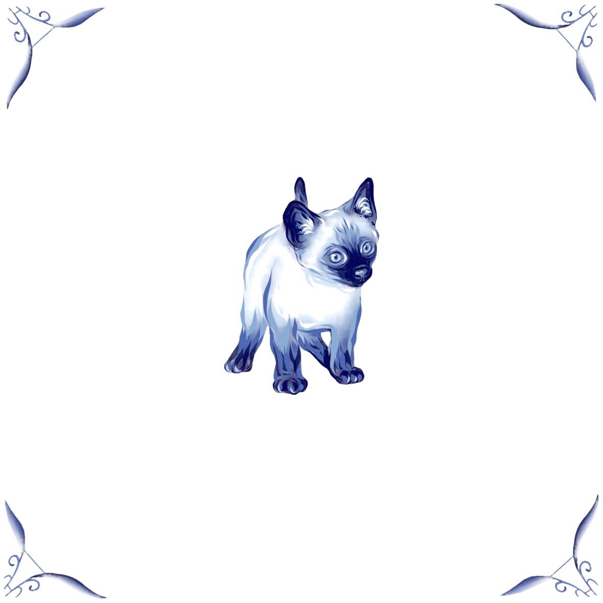 Delft Blue Ceramic Tile- Siamese Cat Kitten︱Bathroom Tile, Splashback, Kitchen Tiles, Modern Dutch Style
