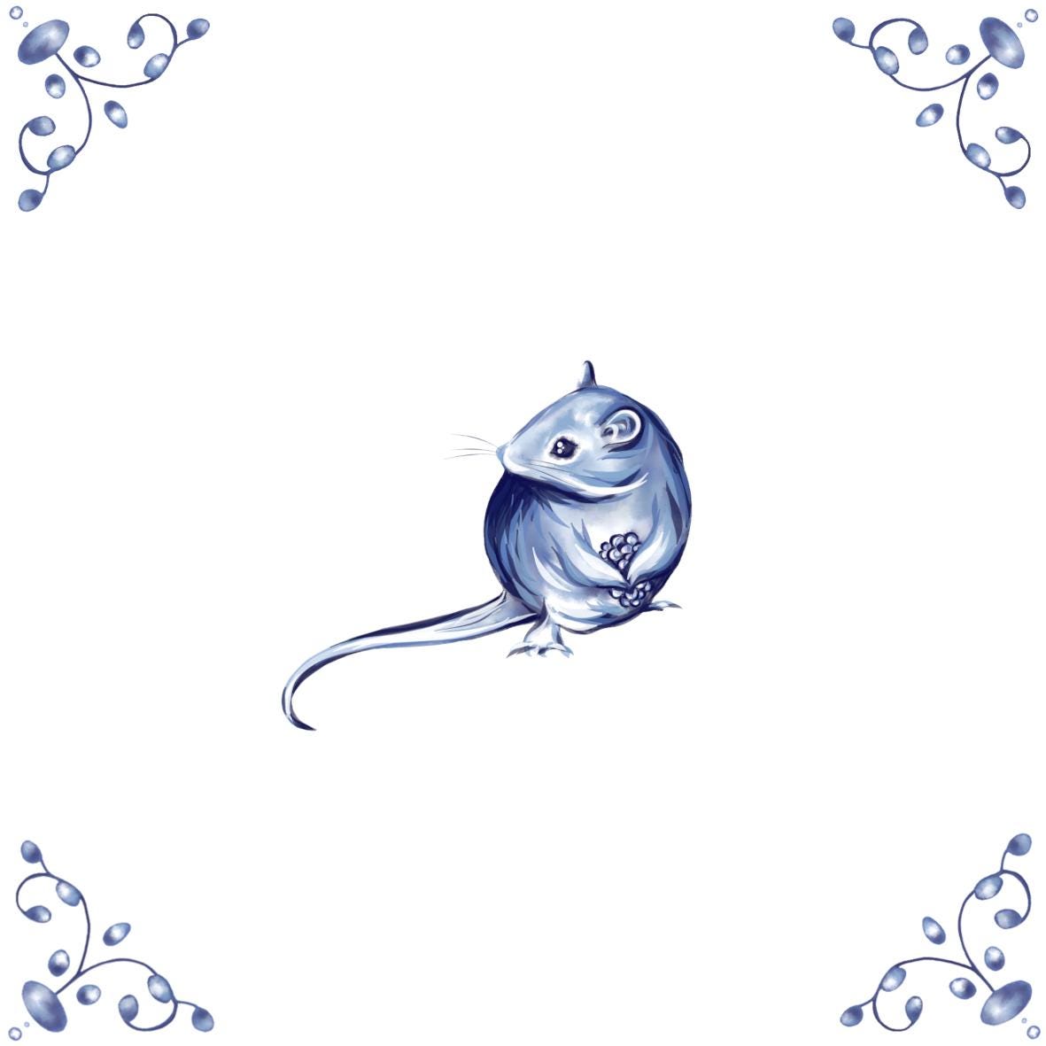 Delft Blue Ceramic Tile- Mouse with Berry︱Bathroom Tile, Splashback, Kitchen Tiles, Modern Dutch Style