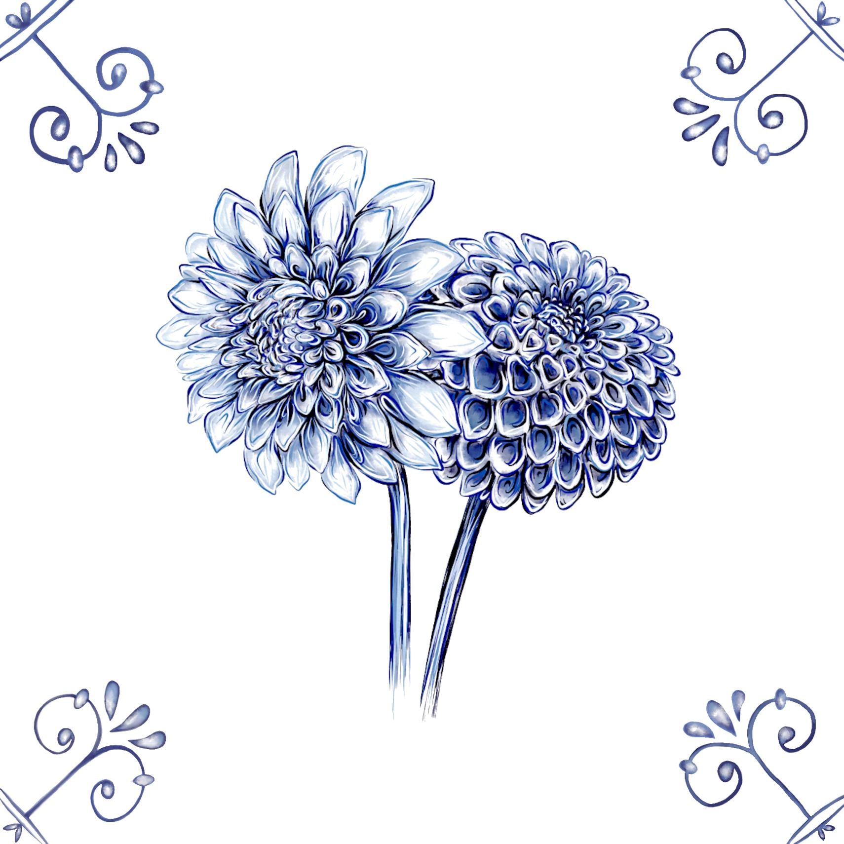 Delft Blue Ceramic Tile- Dahlia︱Bathroom Tile, Splashback, Kitchen Tiles, Modern Dutch Style