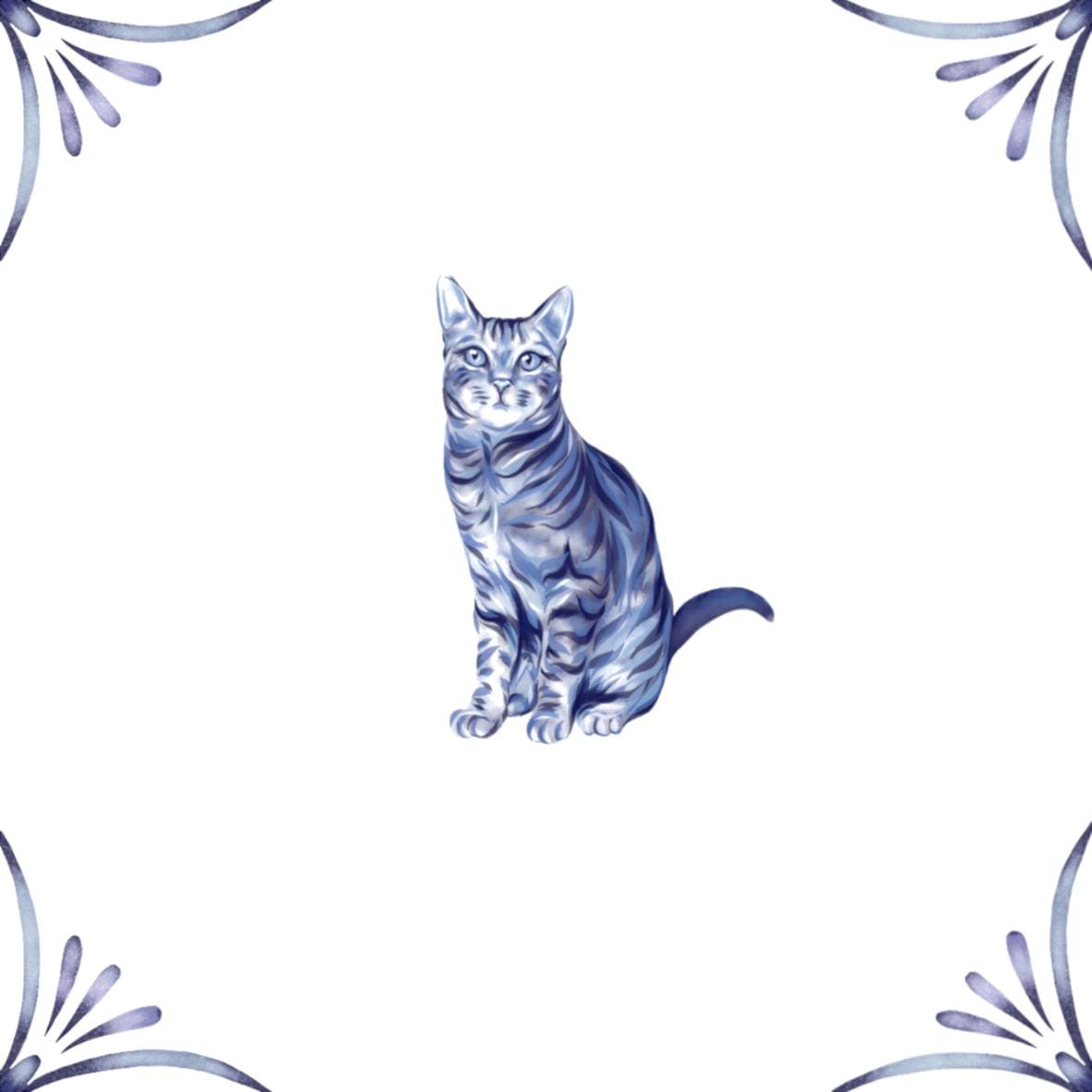 Delft Blue Ceramic Tile- Tabby Cat︱Bathroom Tile, Splashback, Kitchen Tile, Modern Dutch Style