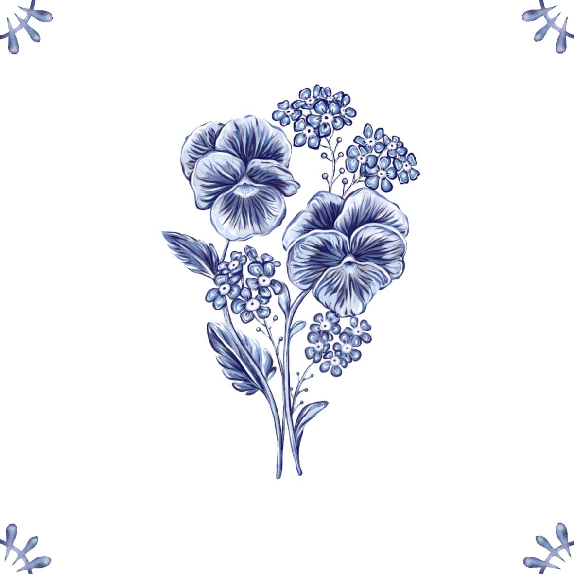 Delft Blue Ceramic Tile- Pansy︱Bathroom Tile, Splashback, Kitchen Tiles, Modern Dutch Style