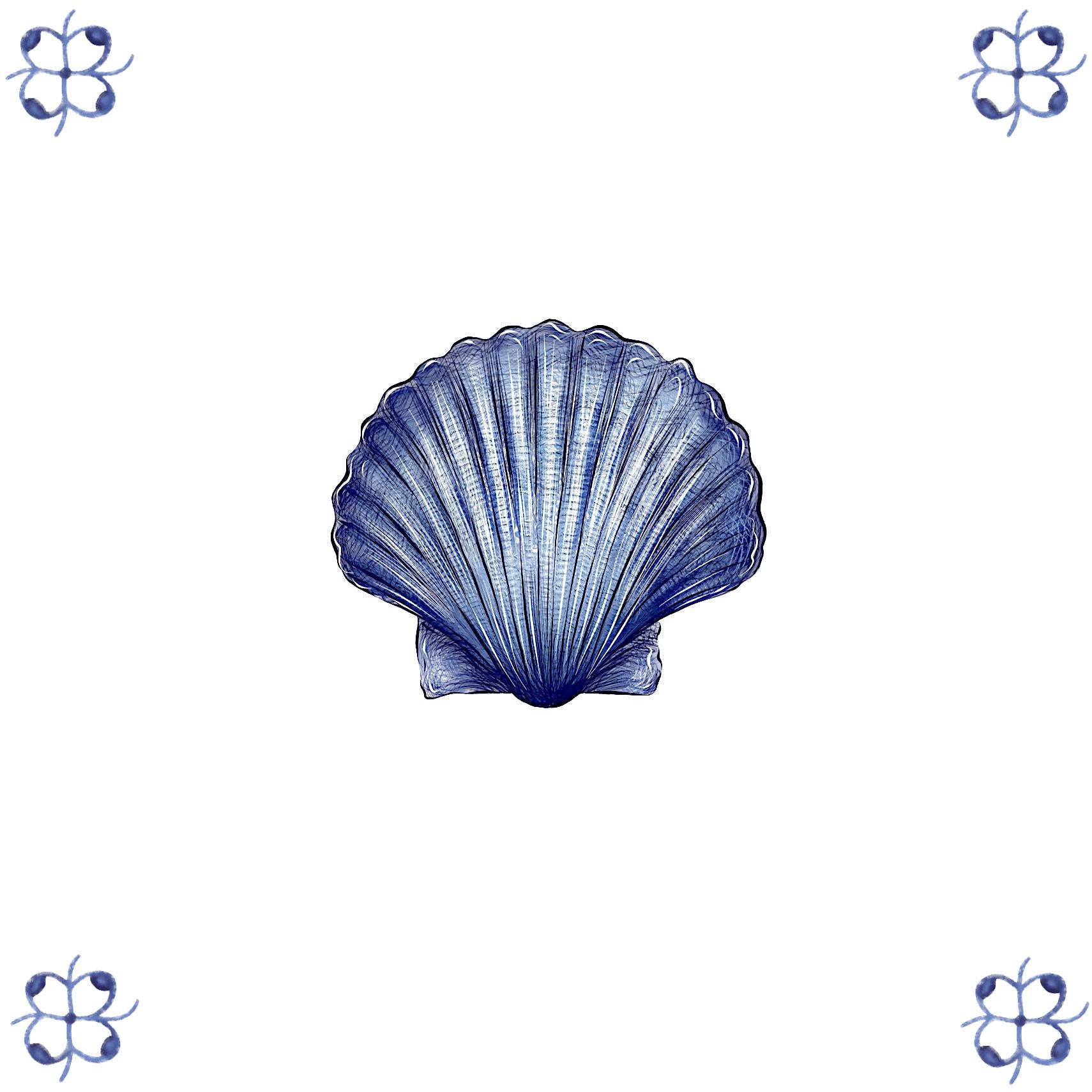 Delft Blue Ceramic Tile- Scallop Shell︱Bathroom Tile, Splashback, Kitchen Tiles, Modern Dutch Style