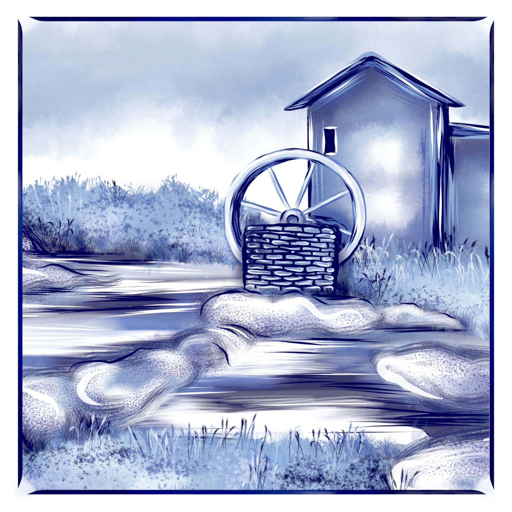 Delft Blue Ceramic Tile- Water Wheel Farm Scene︱Bathroom Tile, Splashback, Kitchen Tiles, Modern Dutch Style