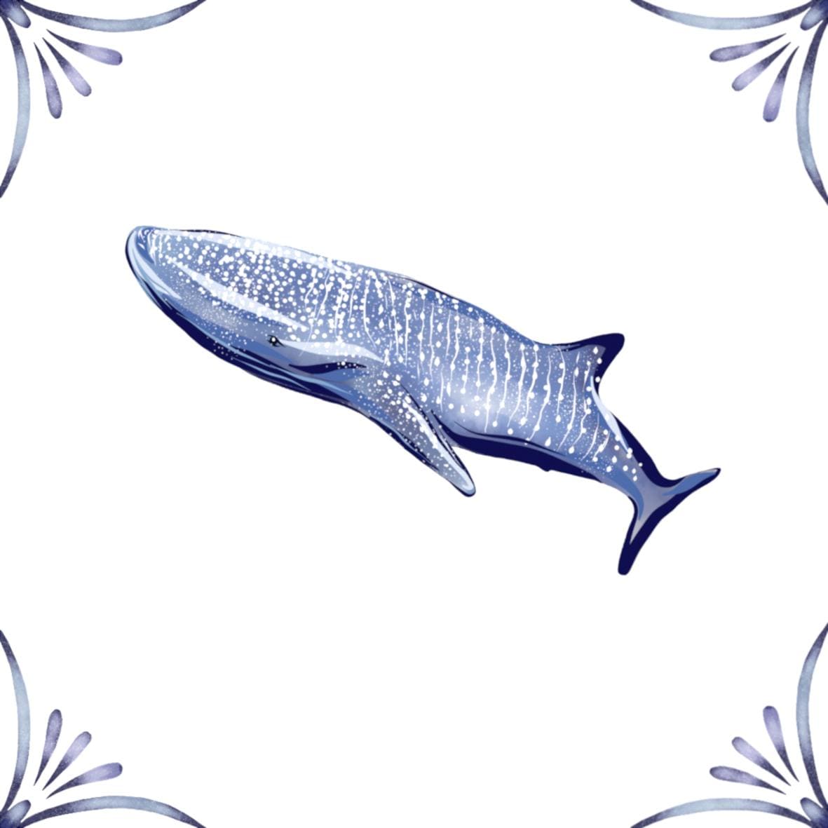 Delft Blue Ceramic Tile- Whale Shark︱Bathroom Tile, Splashback, Kitchen Tiles, Modern Dutch Style