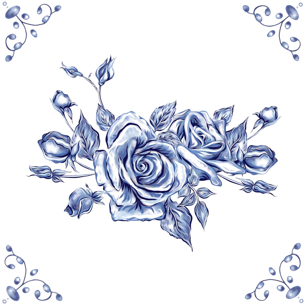 Delft Blue Ceramic Tile- Rose Cluster︱Bathroom Tile, Splashback, Kitchen Tiles, Modern Dutch Style