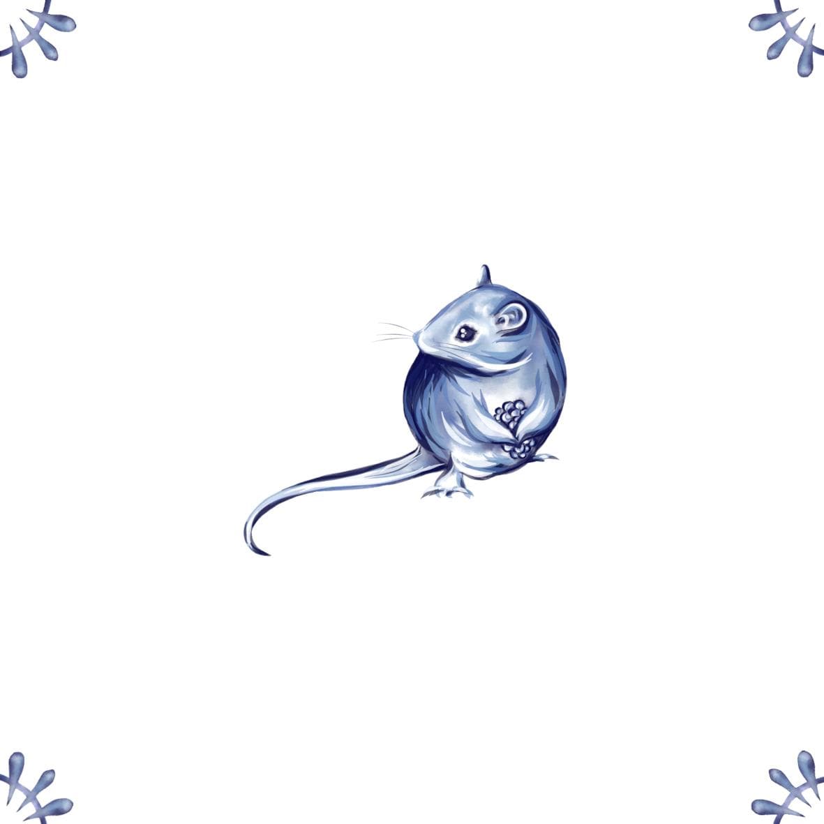 Delft Blue Ceramic Tile- Mouse with Berry︱Bathroom Tile, Splashback, Kitchen Tiles, Modern Dutch Style