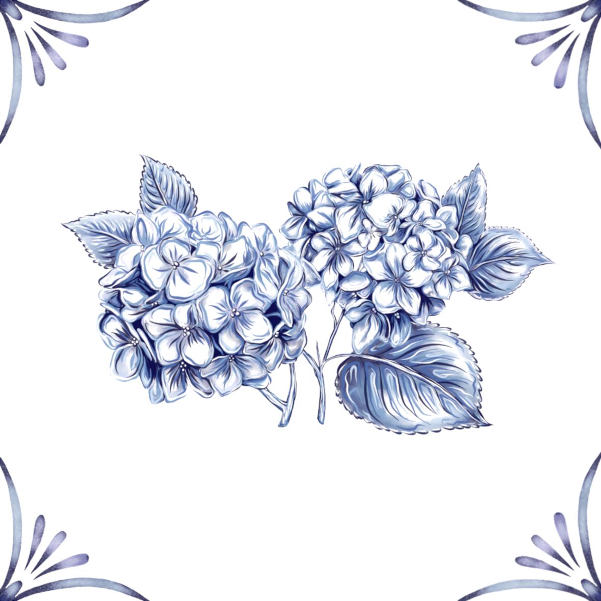 Delft Blue Ceramic Tile- Hydrangea Cluster︱Bathroom Tile, Splashback, Kitchen Tiles, Modern Dutch Style