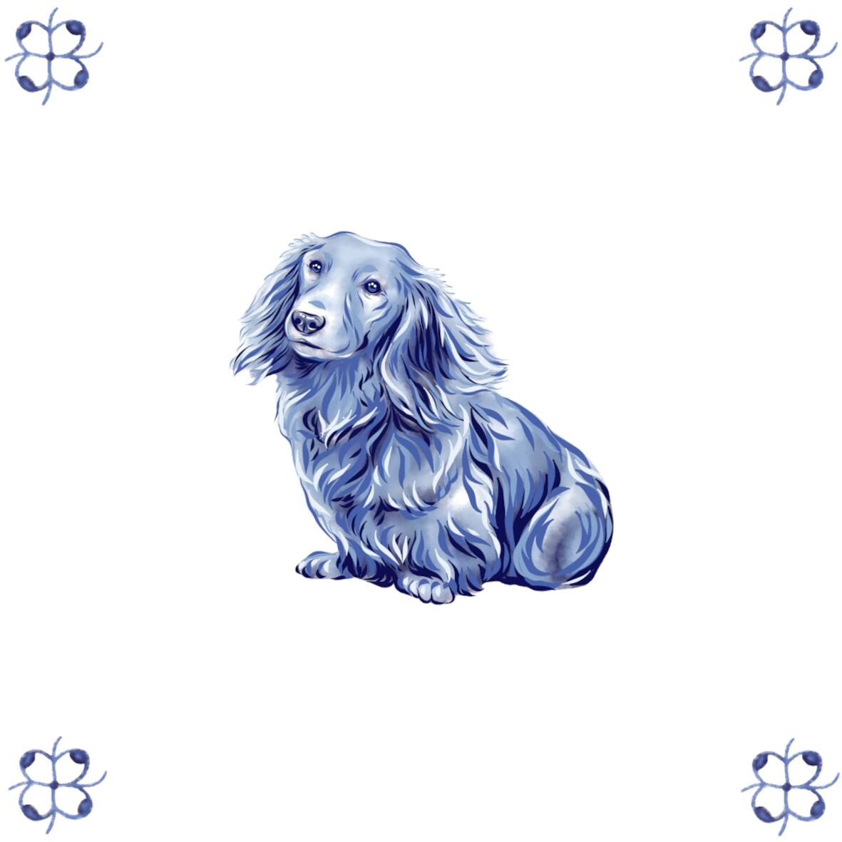 Delft Blue Ceramic Tile- Long Haired Dachshund Dog︱Bathroom Tile, Splashback, Kitchen Tiles, Modern Dutch Style