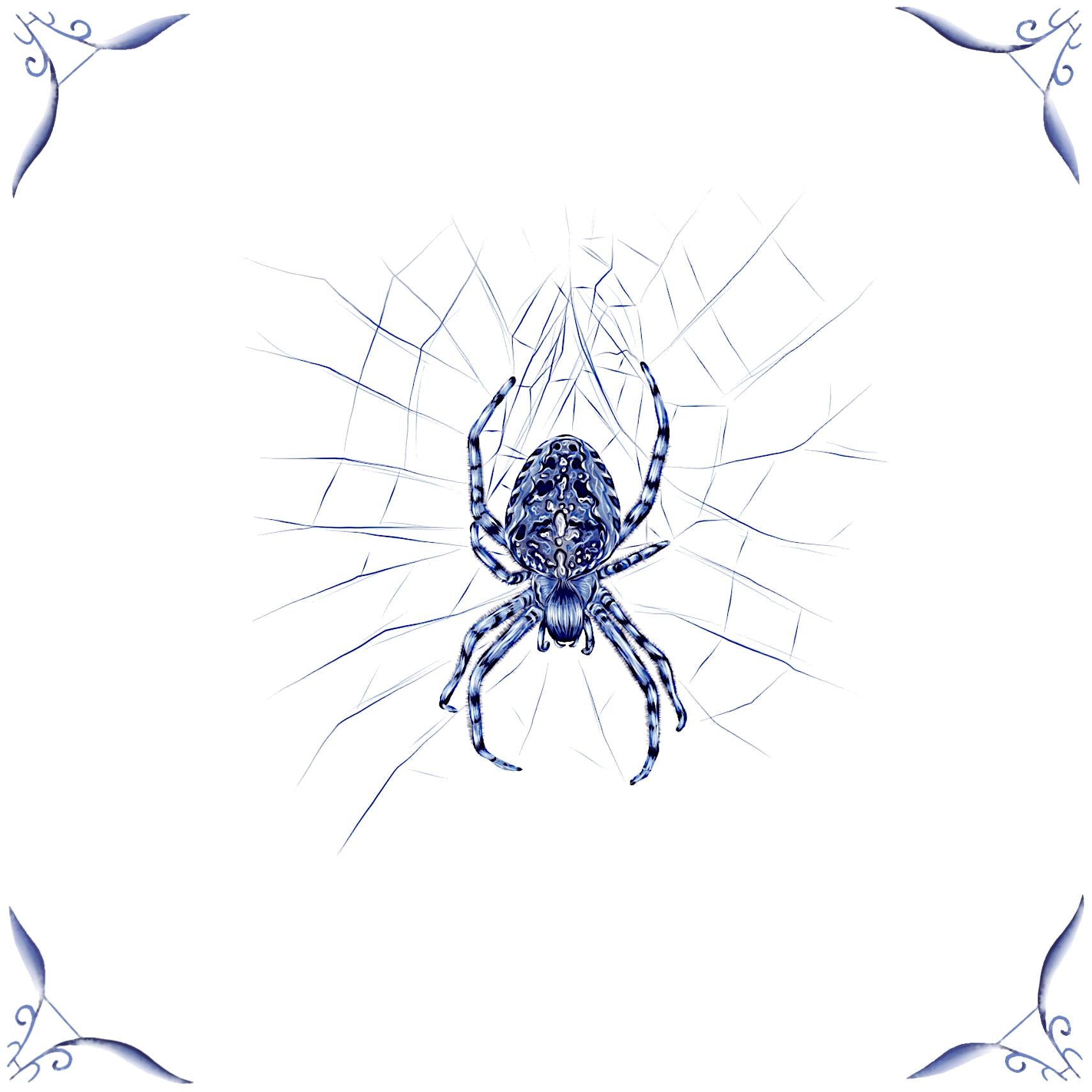 Delft Blue Ceramic Tile- Garden Spider︱Bathroom Tile, Splashback, Kitchen Tiles, Modern Dutch Style