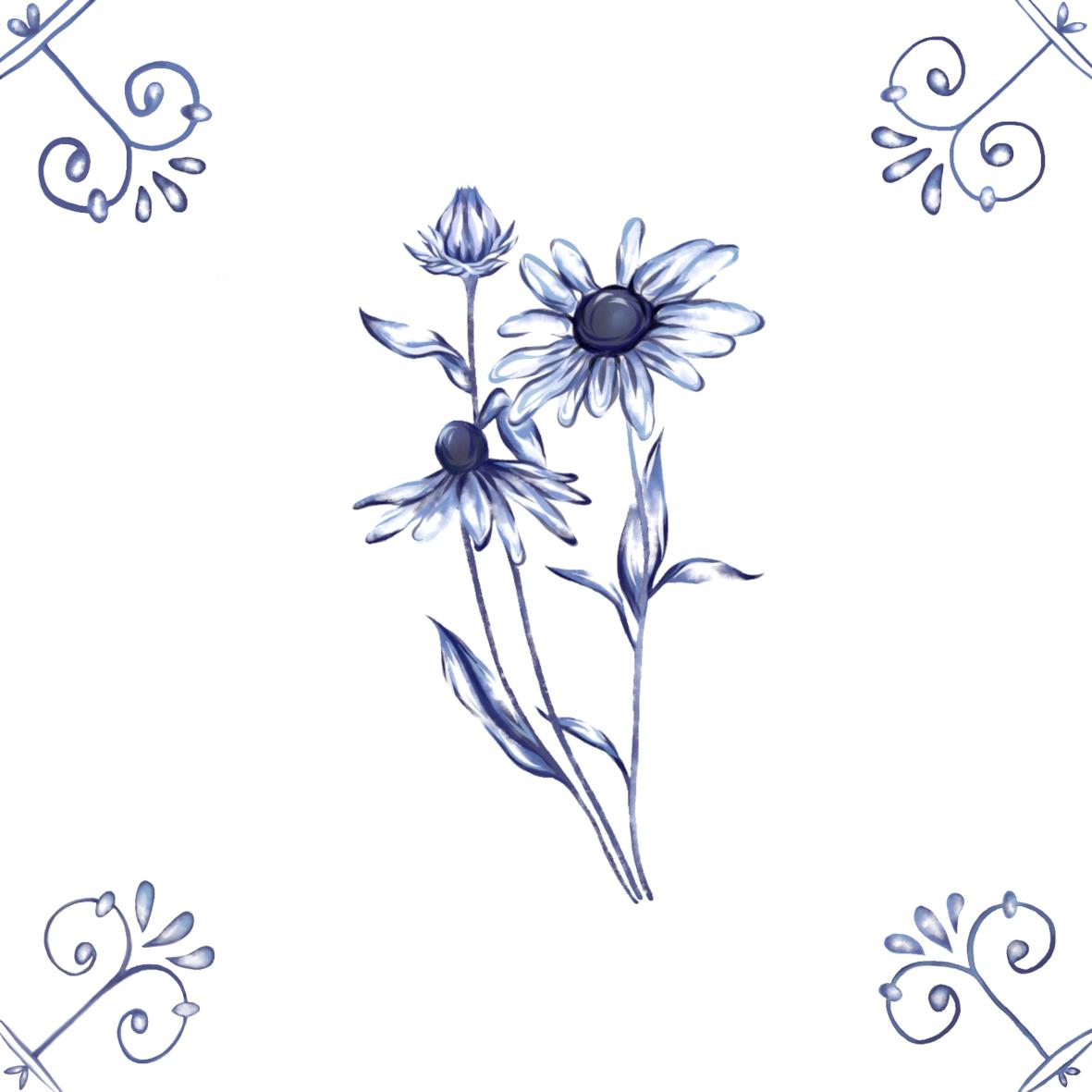 Delft Blue Ceramic Tile- Daisy︱Bathroom Tile, Splashback, Kitchen Tiles, Modern Dutch Style