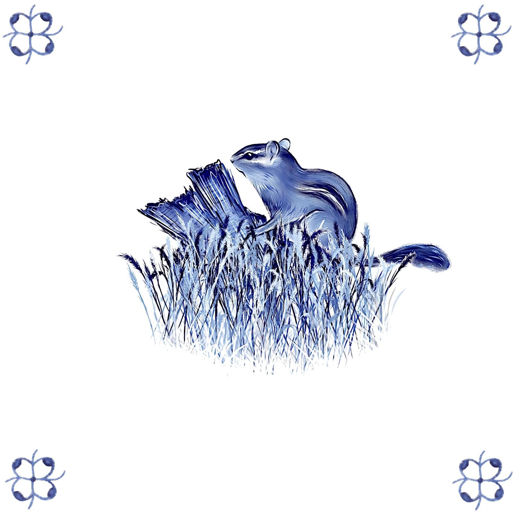 Delft Blue Ceramic Tile- Chipmunk︱Bathroom Tile, Splashback, Kitchen Tiles, Modern Dutch Style