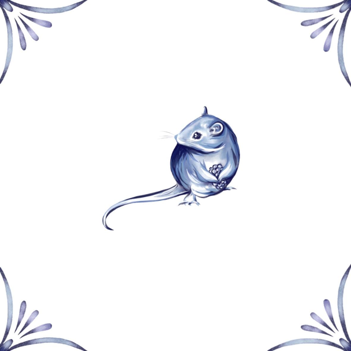 Delft Blue Ceramic Tile- Mouse with Berry︱Bathroom Tile, Splashback, Kitchen Tiles, Modern Dutch Style