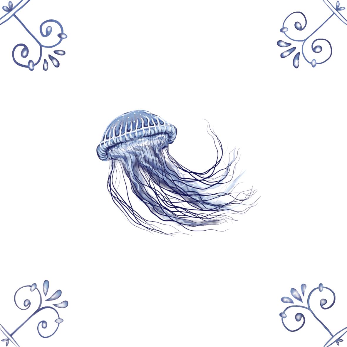 Delft Blue Ceramic Tile- Jellyfish︱Bathroom Tile, Splashback, Kitchen Tiles, Modern Dutch Style