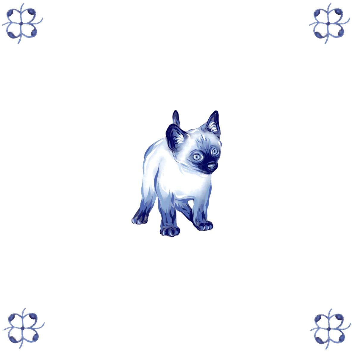 Delft Blue Ceramic Tile- Siamese Cat Kitten︱Bathroom Tile, Splashback, Kitchen Tiles, Modern Dutch Style