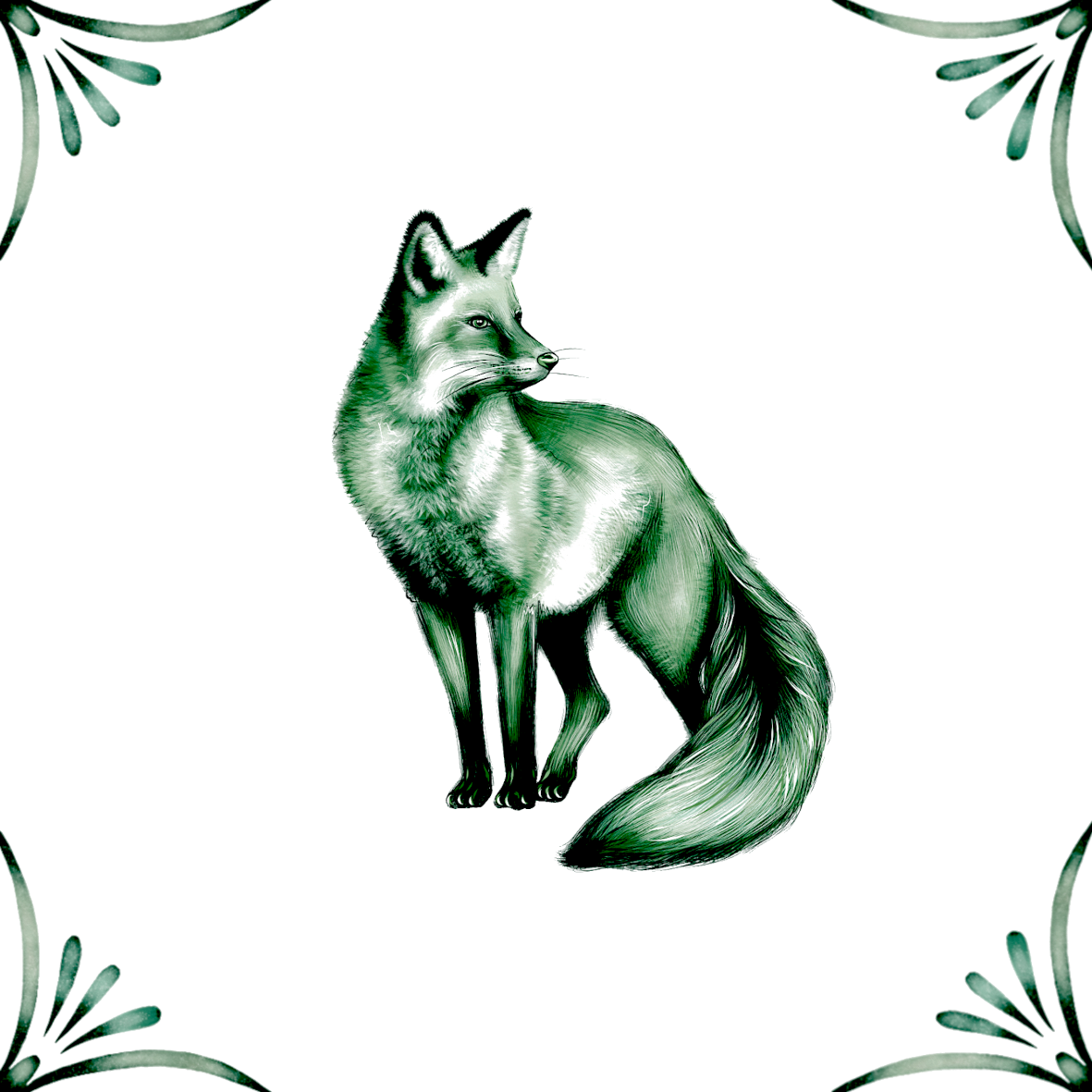 Delft Blue Ceramic Tile- Detailed Fox︱Bathroom Tile, Splashback, Kitchen Tiles, Modern Dutch Style