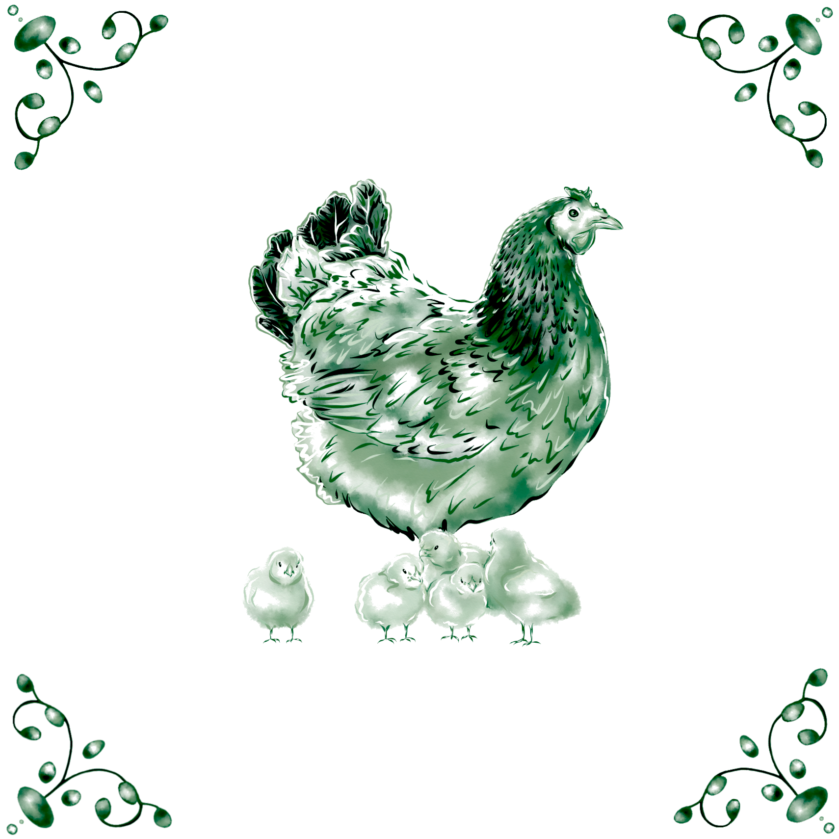 Delft Blue Ceramic Tile- Hen and Chicks︱Bathroom Tile, Splashback, Kitchen Tiles, Modern Dutch Style