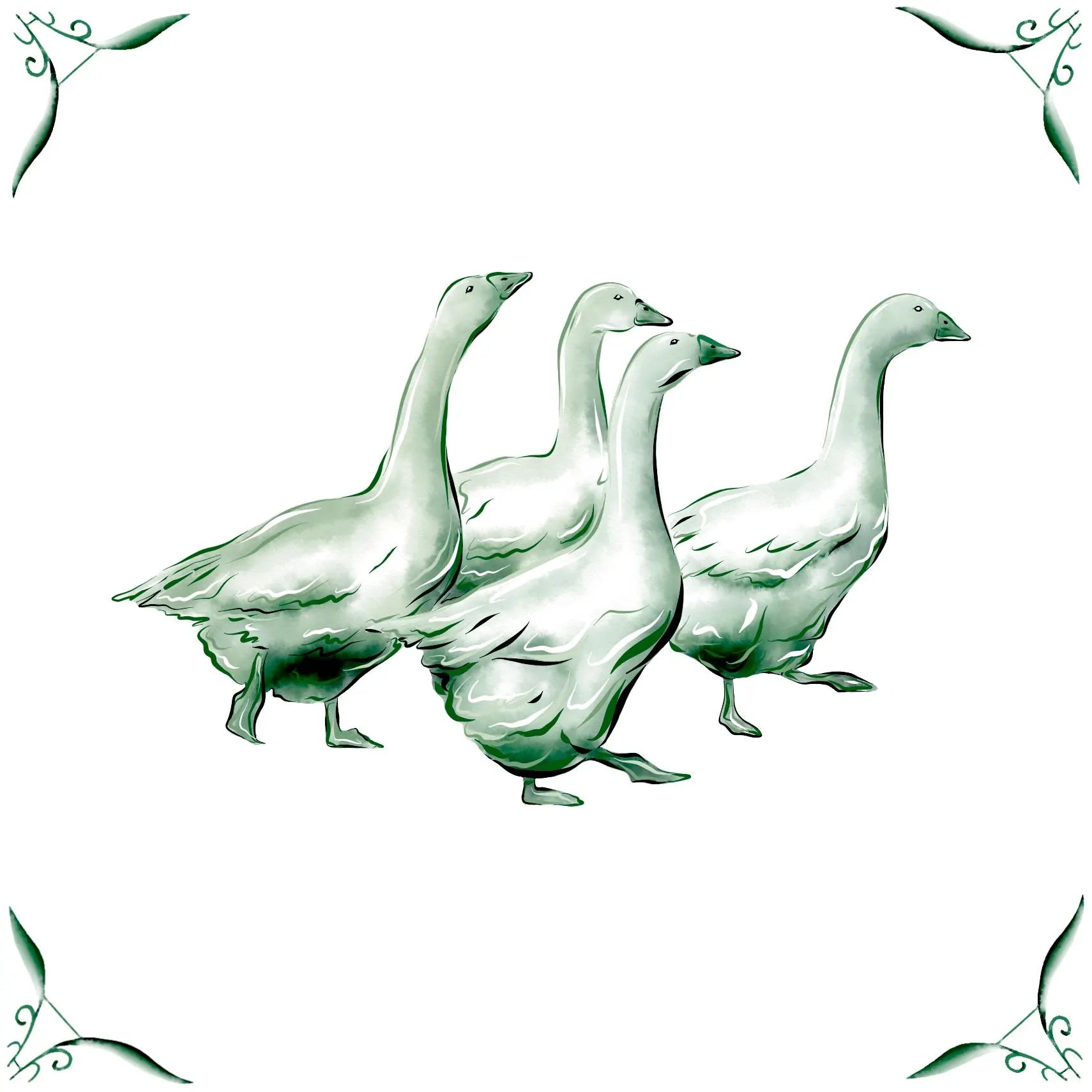 Delft Blue Ceramic Tile- Gaggle of Geese / Goose︱Bathroom Tile, Splashback, Kitchen Tiles, Modern Dutch Style