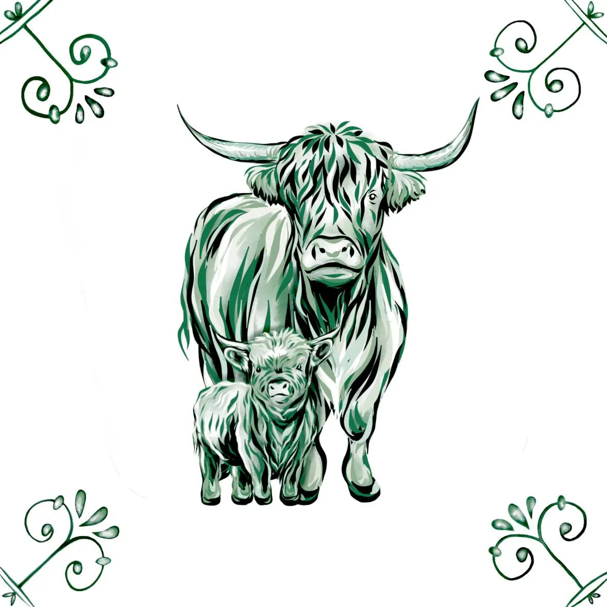 Delft Blue Ceramic Tile- Highland Cow and Calf︱Bathroom Tile, Splashback, Kitchen Tiles, Modern Dutch Style