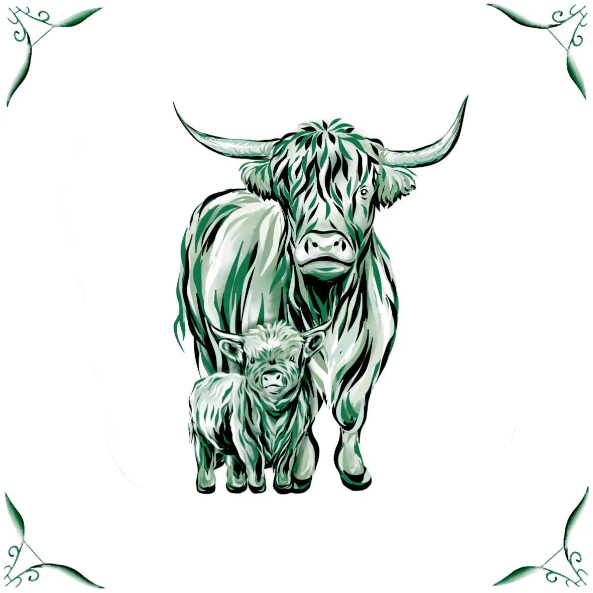 Delft Blue Ceramic Tile- Highland Cow and Calf︱Bathroom Tile, Splashback, Kitchen Tiles, Modern Dutch Style