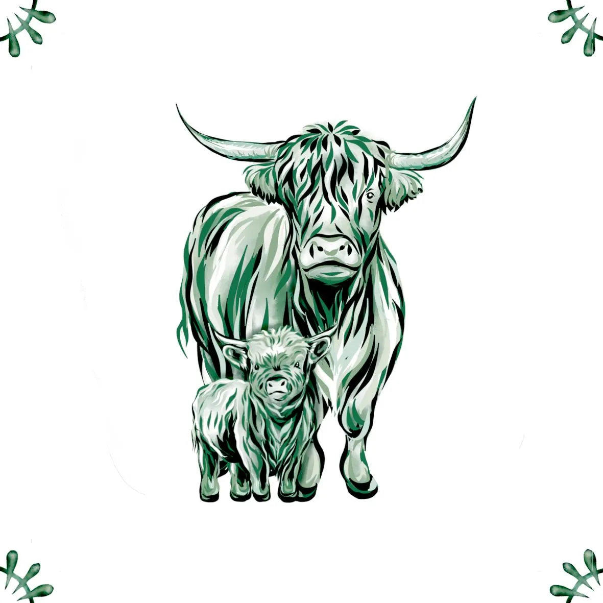 Delft Blue Ceramic Tile- Highland Cow and Calf︱Bathroom Tile, Splashback, Kitchen Tiles, Modern Dutch Style