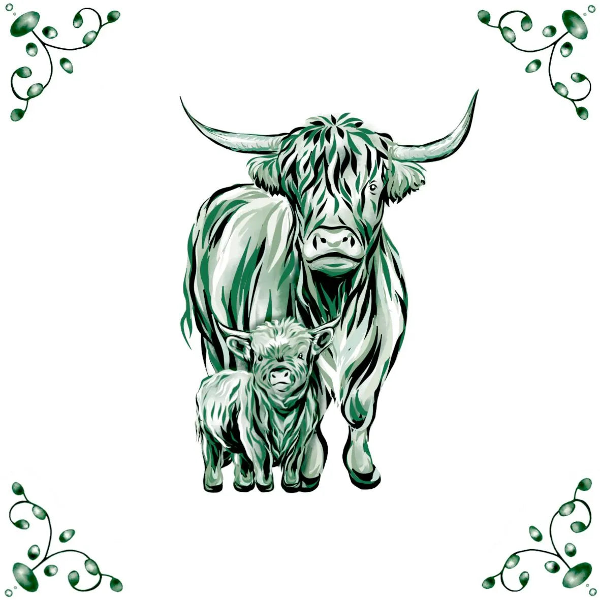Delft Blue Ceramic Tile- Highland Cow and Calf︱Bathroom Tile, Splashback, Kitchen Tiles, Modern Dutch Style