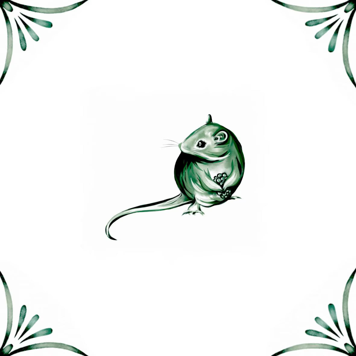 Delft Blue Ceramic Tile- Mouse with Berry︱Bathroom Tile, Splashback, Kitchen Tiles, Modern Dutch Style
