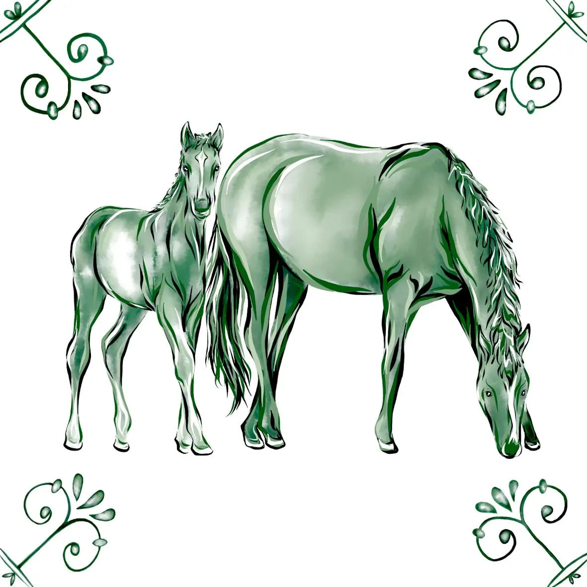 Delft Blue Ceramic Tile- Horse and Foal︱Bathroom Tile, Splashback, Kitchen Tiles, Modern Dutch Style