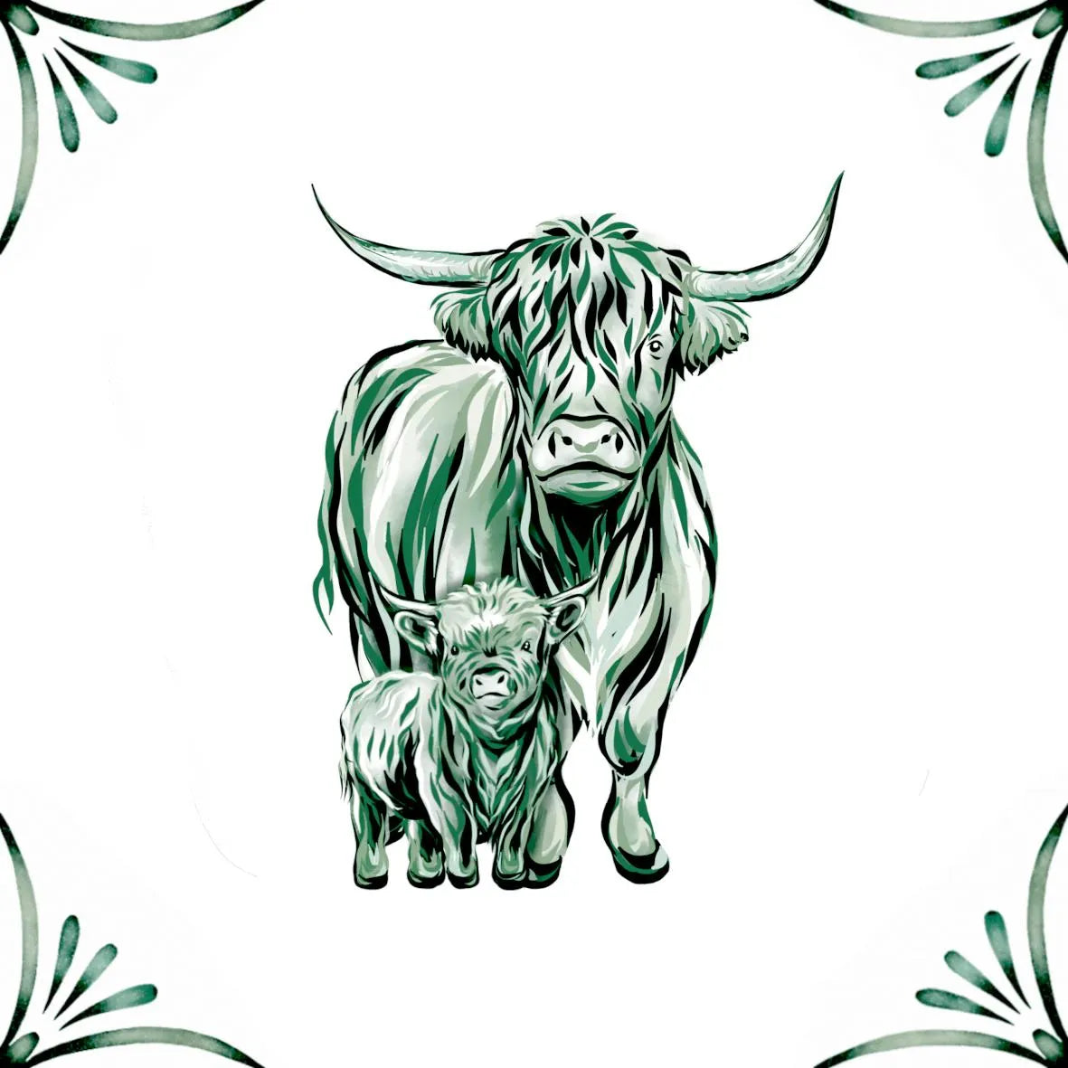 Delft Blue Ceramic Tile- Highland Cow and Calf︱Bathroom Tile, Splashback, Kitchen Tiles, Modern Dutch Style
