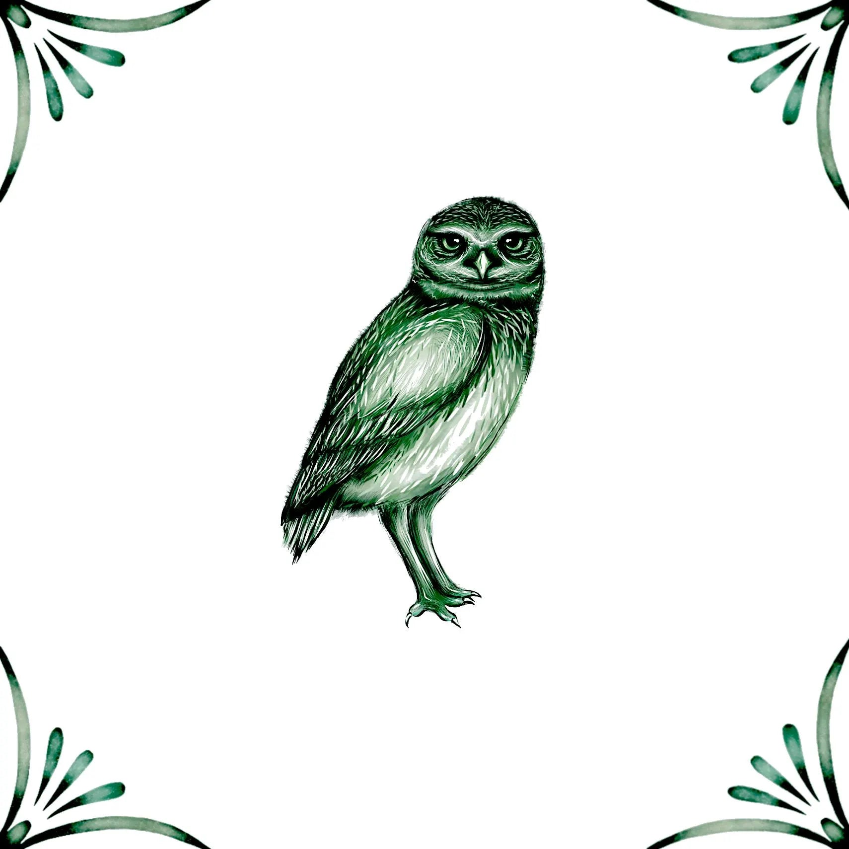 Delft Blue Ceramic Tile- Burrowing Owl︱Bathroom Tile, Splashback, Kitchen Tiles, Modern Dutch Style