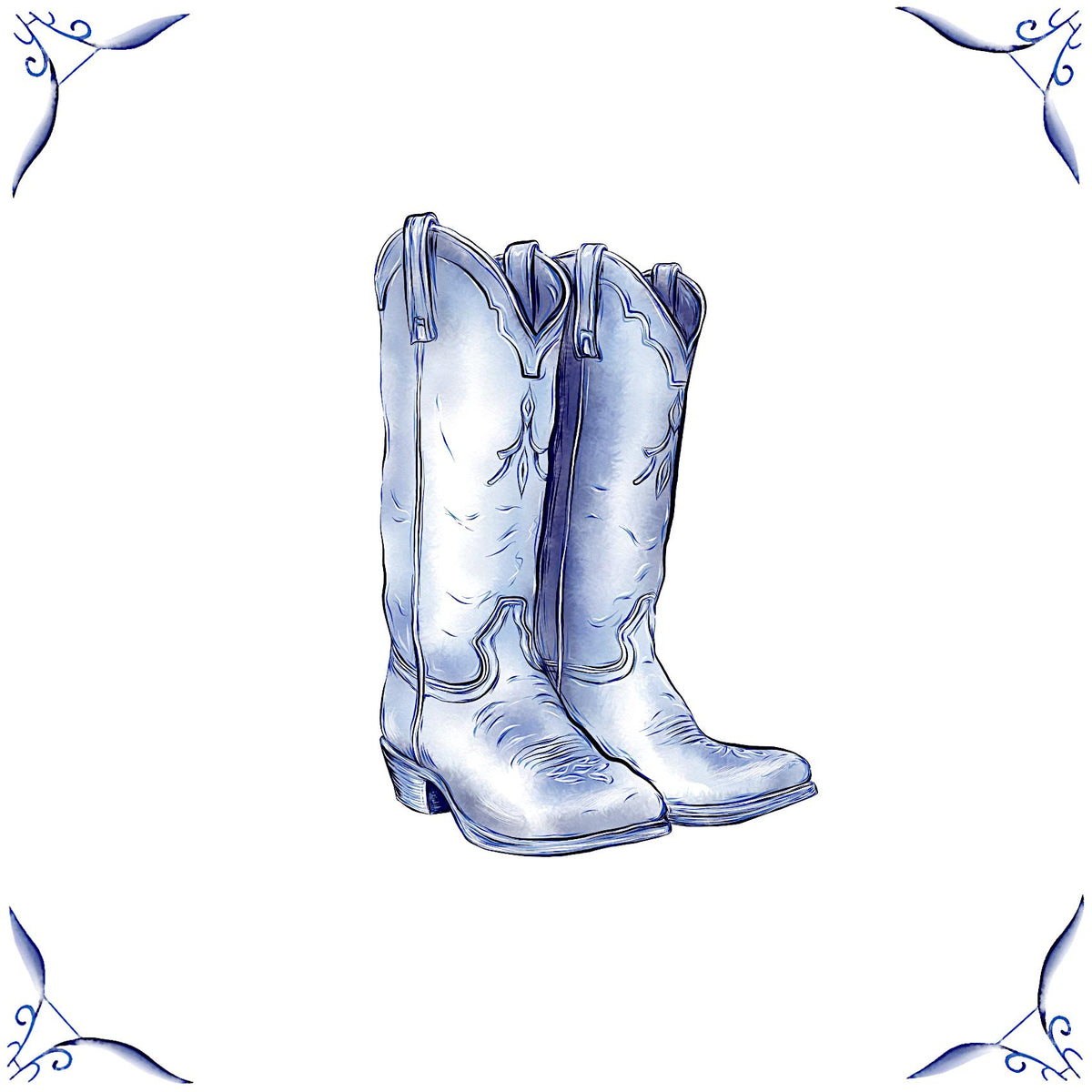 Delft Blue Ceramic Tile- Cowboy Boots︱Bathroom Tile, Splashback, Kitchen Tiles, Modern Dutch Style