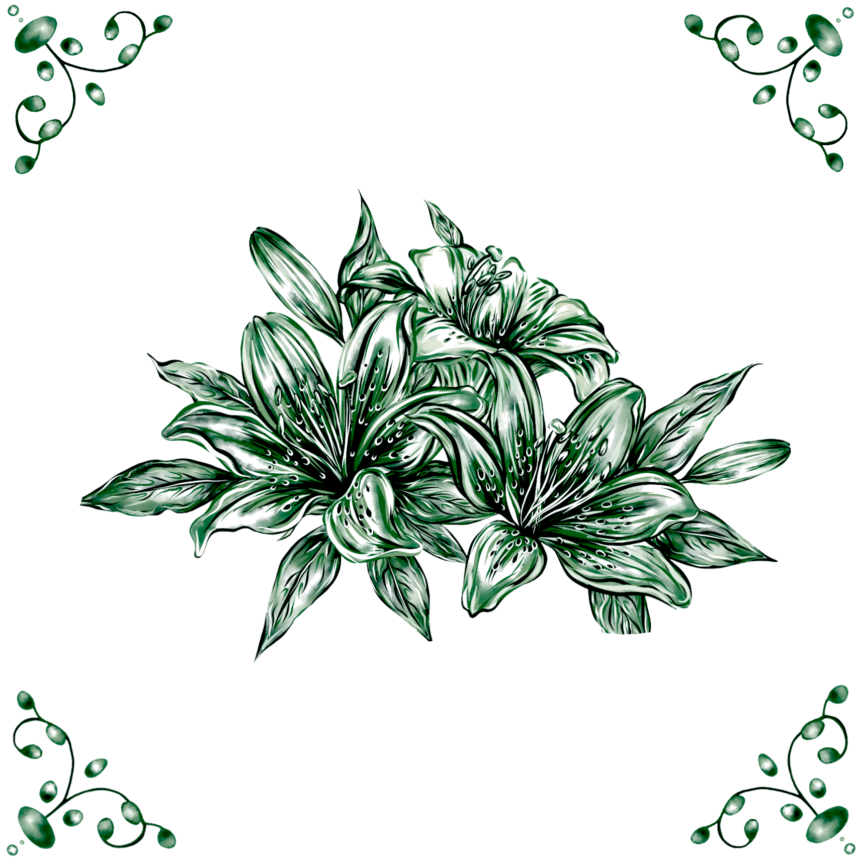 Delft Blue Ceramic Tile- Lily Cluster︱Bathroom Tile, Splashback, Kitchen Tiles, Modern Dutch Style