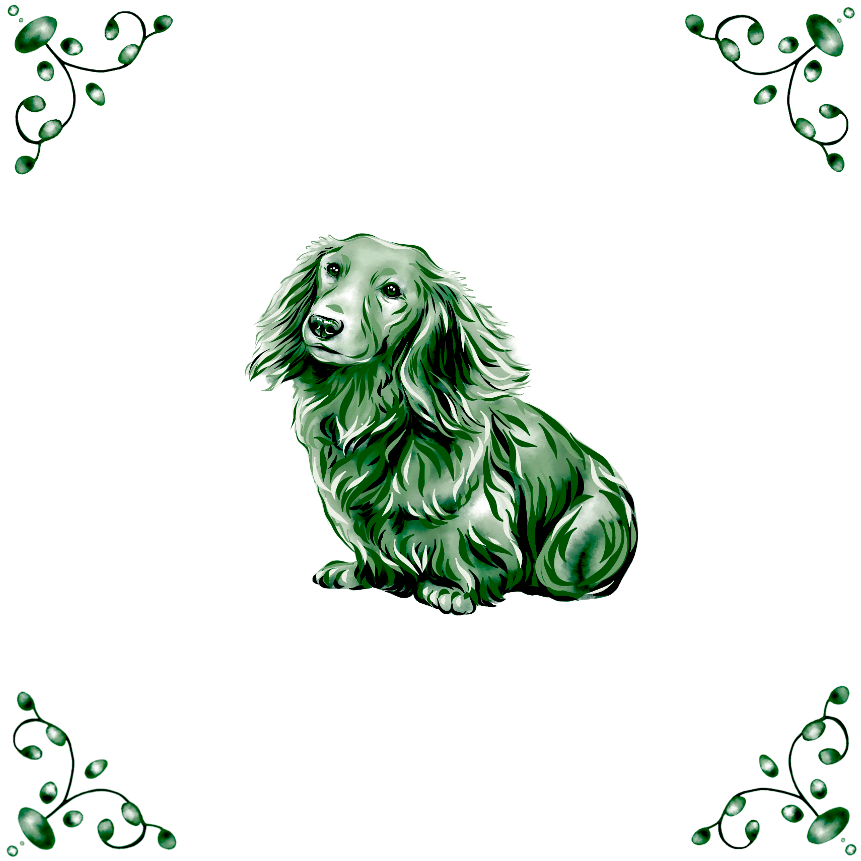 Delft Blue Ceramic Tile- Long Haired Dachshund Dog︱Bathroom Tile, Splashback, Kitchen Tiles, Modern Dutch Style