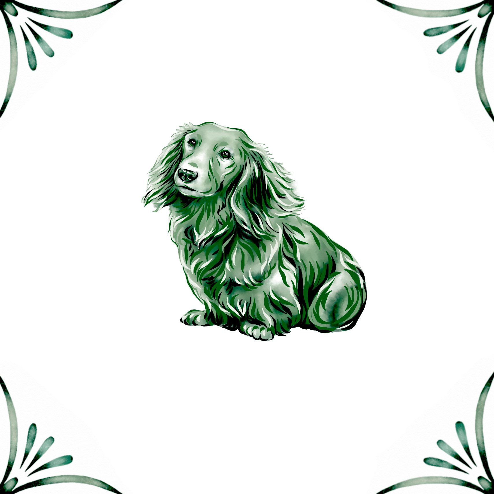 Delft Blue Ceramic Tile- Long Haired Dachshund Dog︱Bathroom Tile, Splashback, Kitchen Tiles, Modern Dutch Style