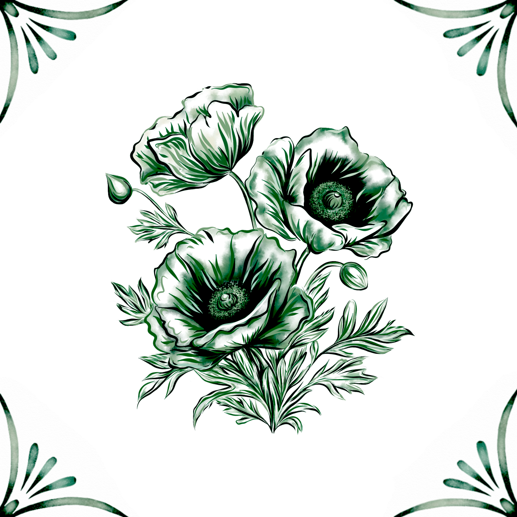 Delft Blue Ceramic Tile- Poppy︱Bathroom Tile, Splashback, Kitchen Tiles, Modern Dutch Style