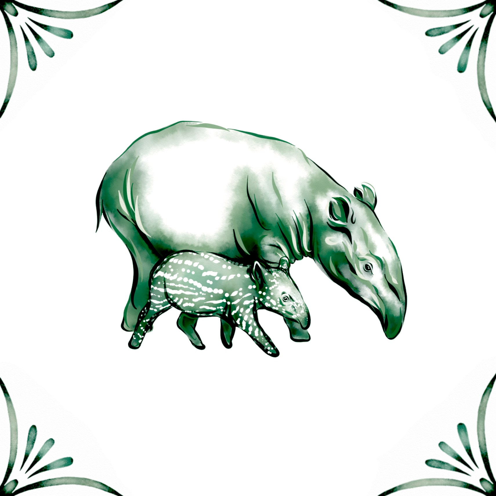 Delft Blue Ceramic Tile- Tapir and Baby︱Bathroom Tile, Splashback, Kitchen Tiles, Modern Dutch Style