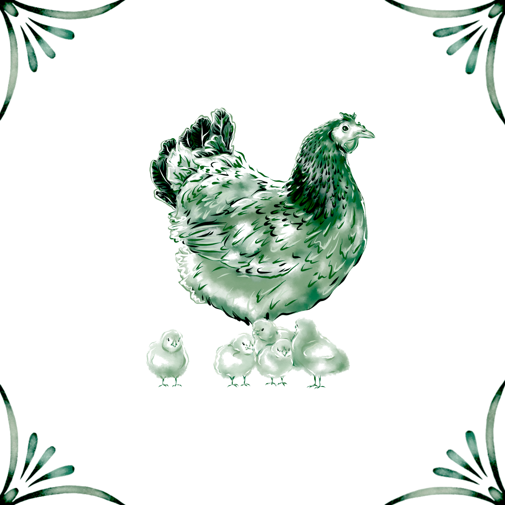 Delft Blue Ceramic Tile- Hen and Chicks︱Bathroom Tile, Splashback, Kitchen Tiles, Modern Dutch Style