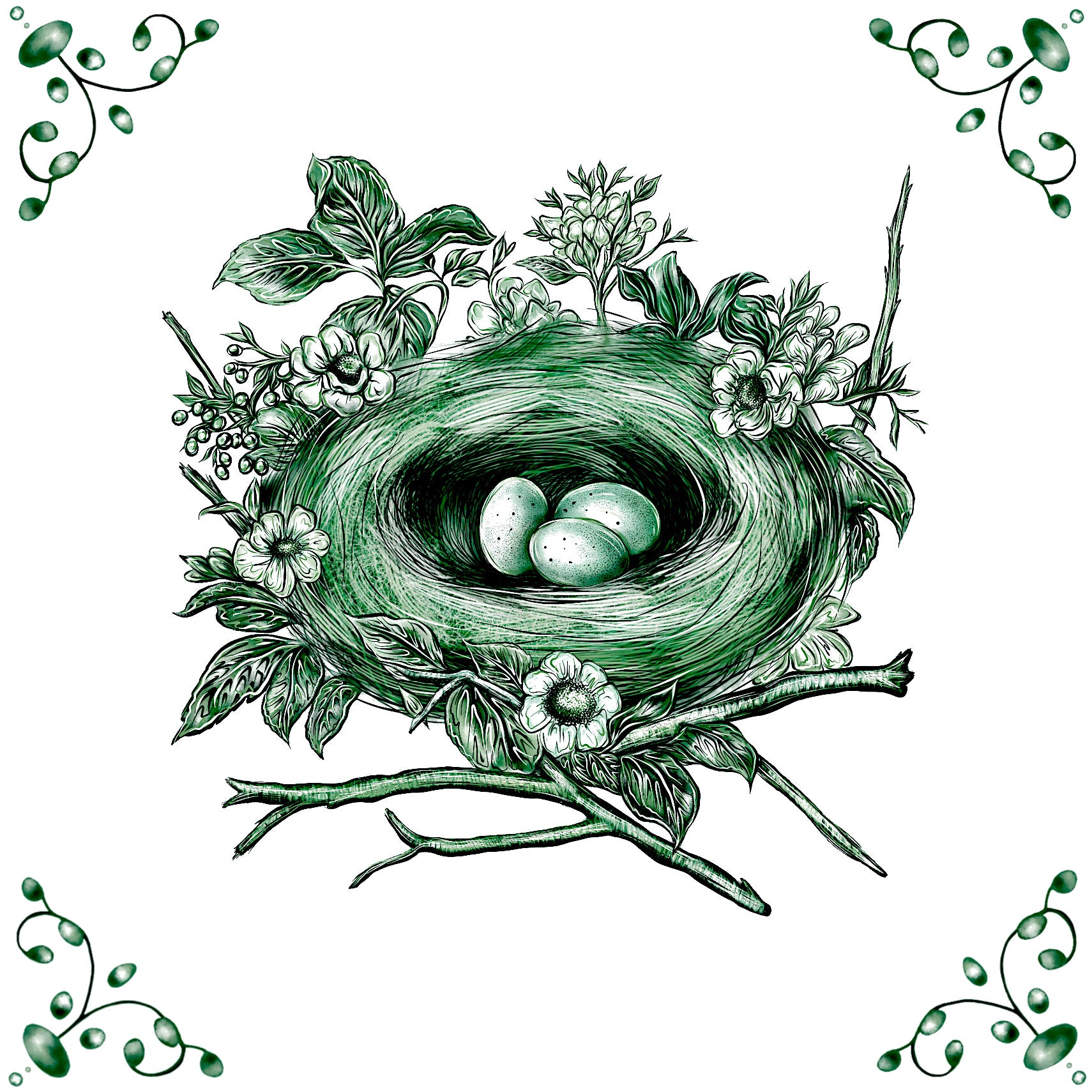 Delft Blue Ceramic Tile- Nest with Eggs︱Splashback, Kitchen Tiles, Modern Dutch Style