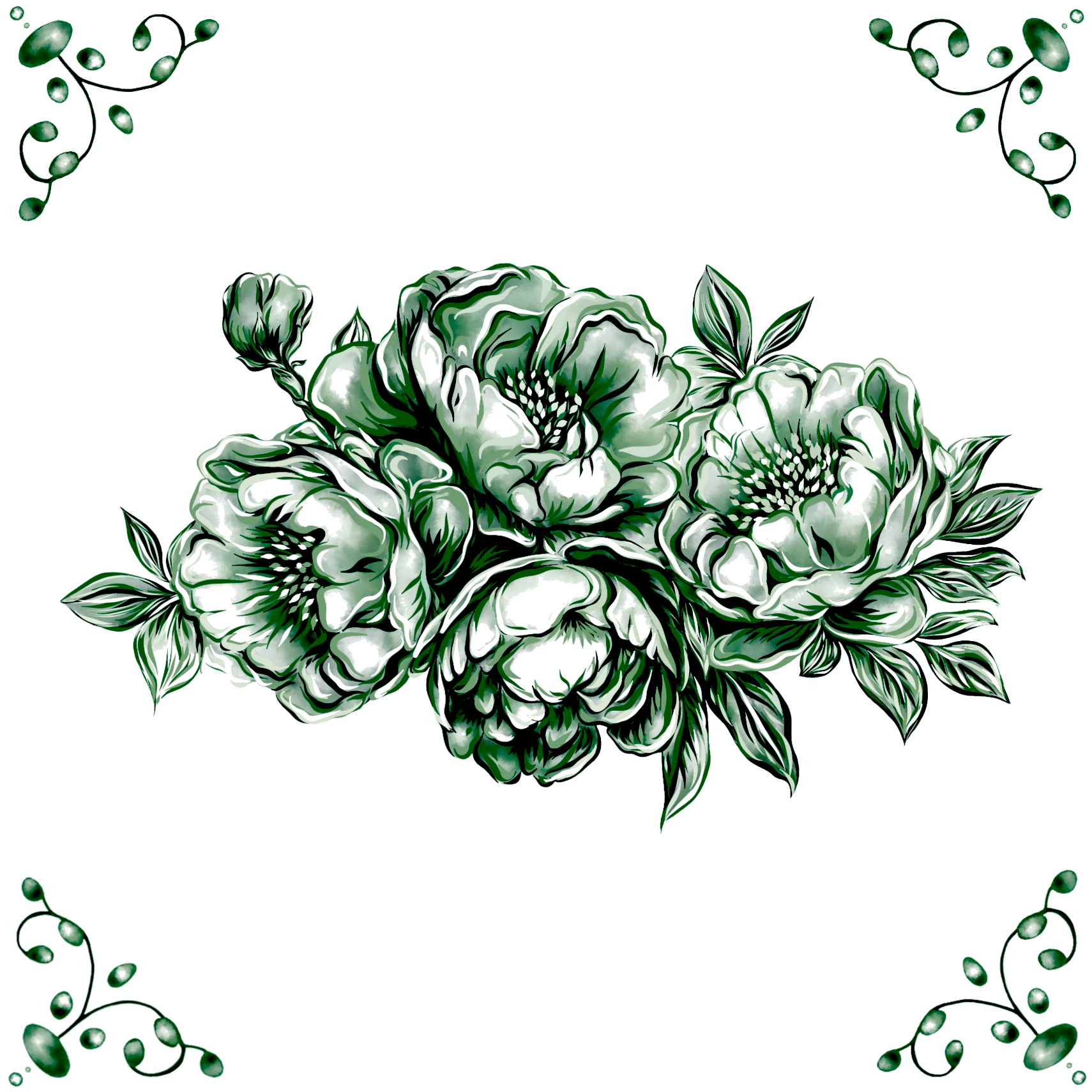 Delft Blue Ceramic Tile- Peony Cluster︱Bathroom Tile, Splashback, Kitchen Tiles, Modern Dutch Style