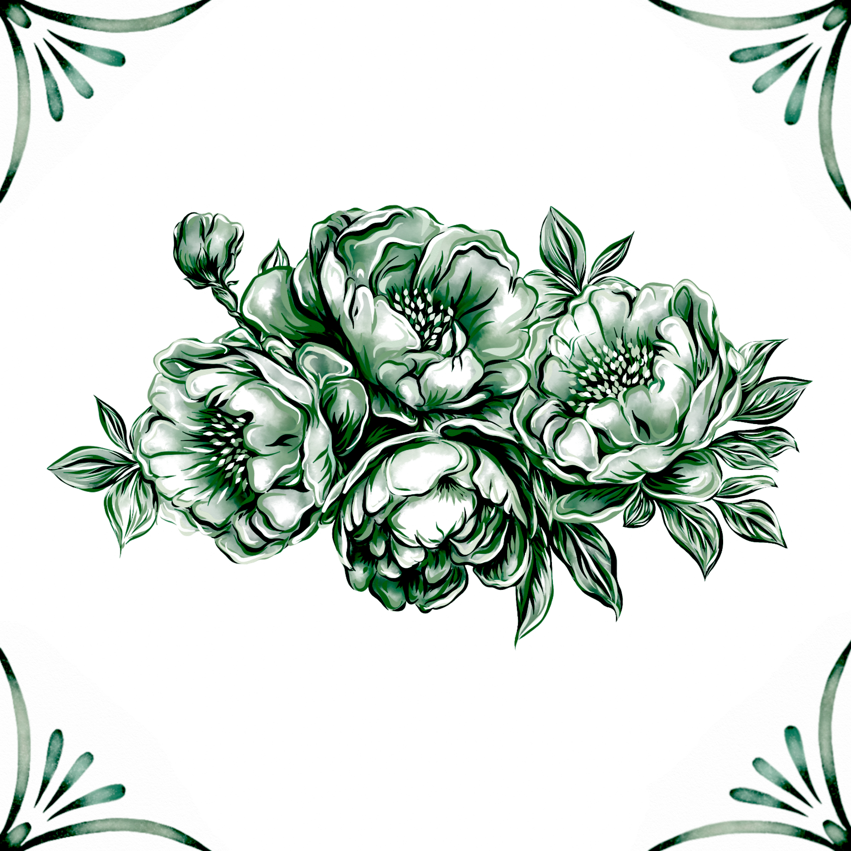 Delft Blue Ceramic Tile- Peony Cluster︱Bathroom Tile, Splashback, Kitchen Tiles, Modern Dutch Style