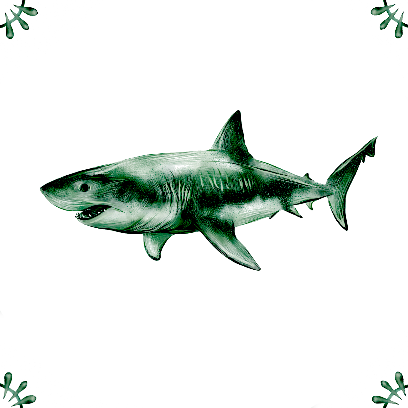 Delft Blue Ceramic Tile- Great White Shark︱Bathroom Tile, Splashback, Kitchen Tiles, Modern Dutch Style