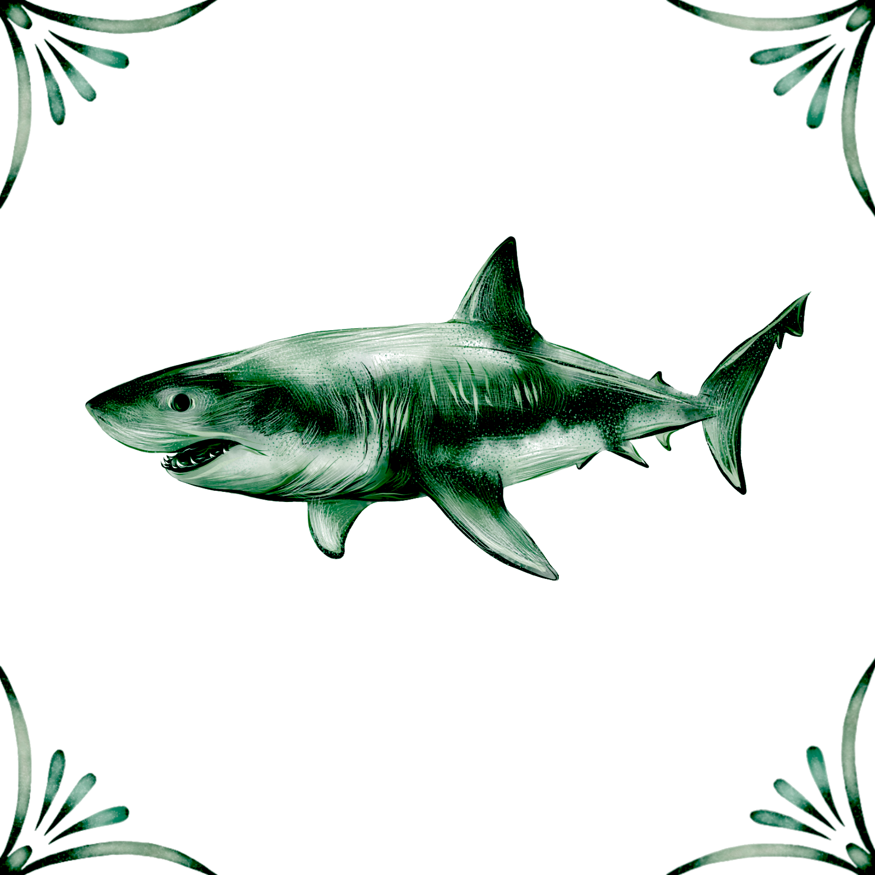 Delft Blue Ceramic Tile- Great White Shark︱Bathroom Tile, Splashback, Kitchen Tiles, Modern Dutch Style