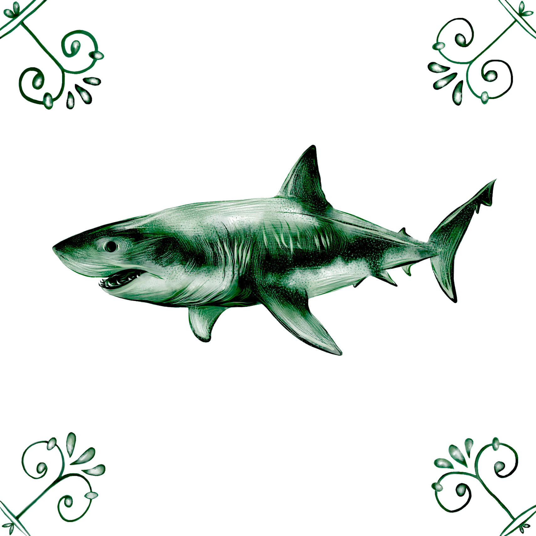 Delft Blue Ceramic Tile- Great White Shark︱Bathroom Tile, Splashback, Kitchen Tiles, Modern Dutch Style