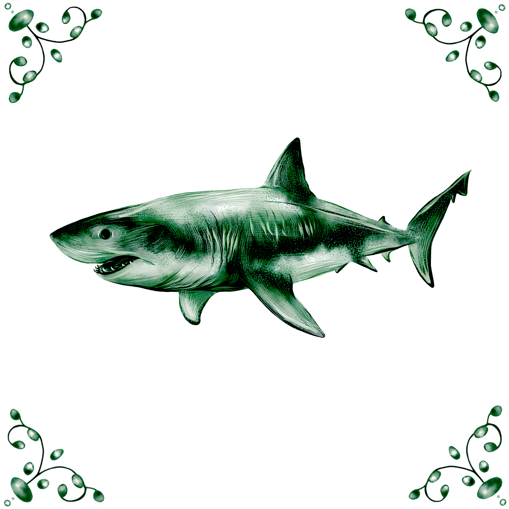 Delft Blue Ceramic Tile- Great White Shark︱Bathroom Tile, Splashback, Kitchen Tiles, Modern Dutch Style