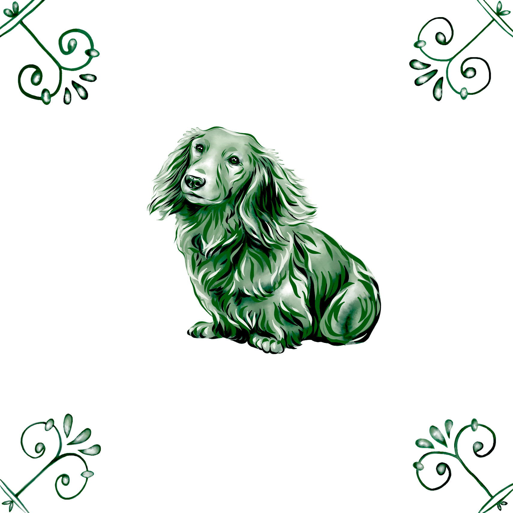 Delft Blue Ceramic Tile- Long Haired Dachshund Dog︱Bathroom Tile, Splashback, Kitchen Tiles, Modern Dutch Style