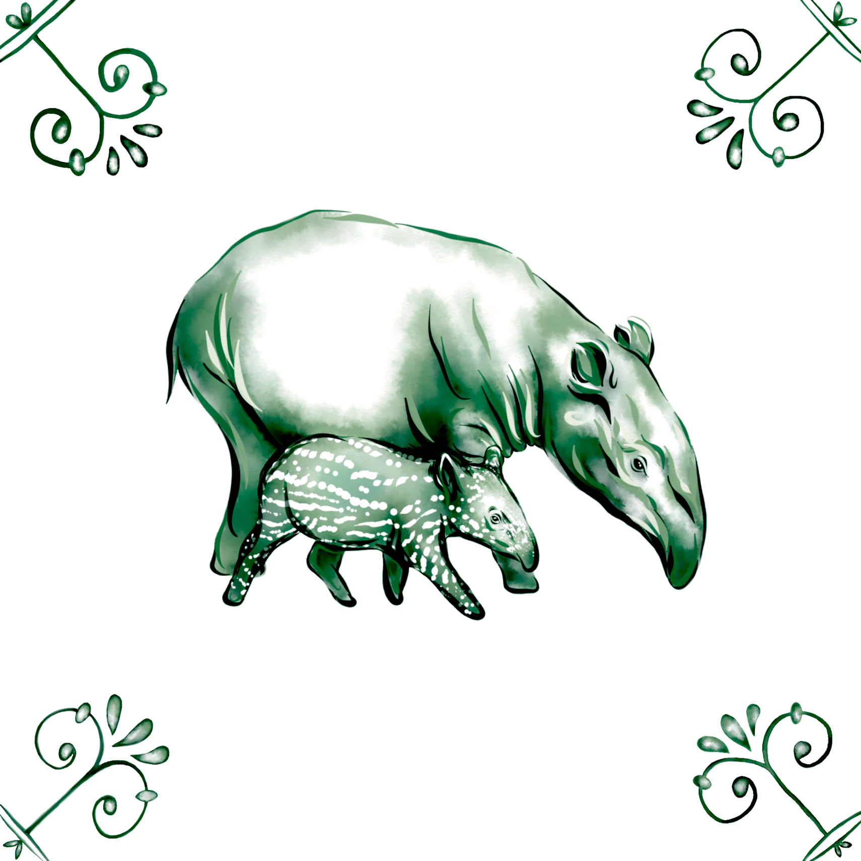 Delft Blue Ceramic Tile- Tapir and Baby︱Bathroom Tile, Splashback, Kitchen Tiles, Modern Dutch Style
