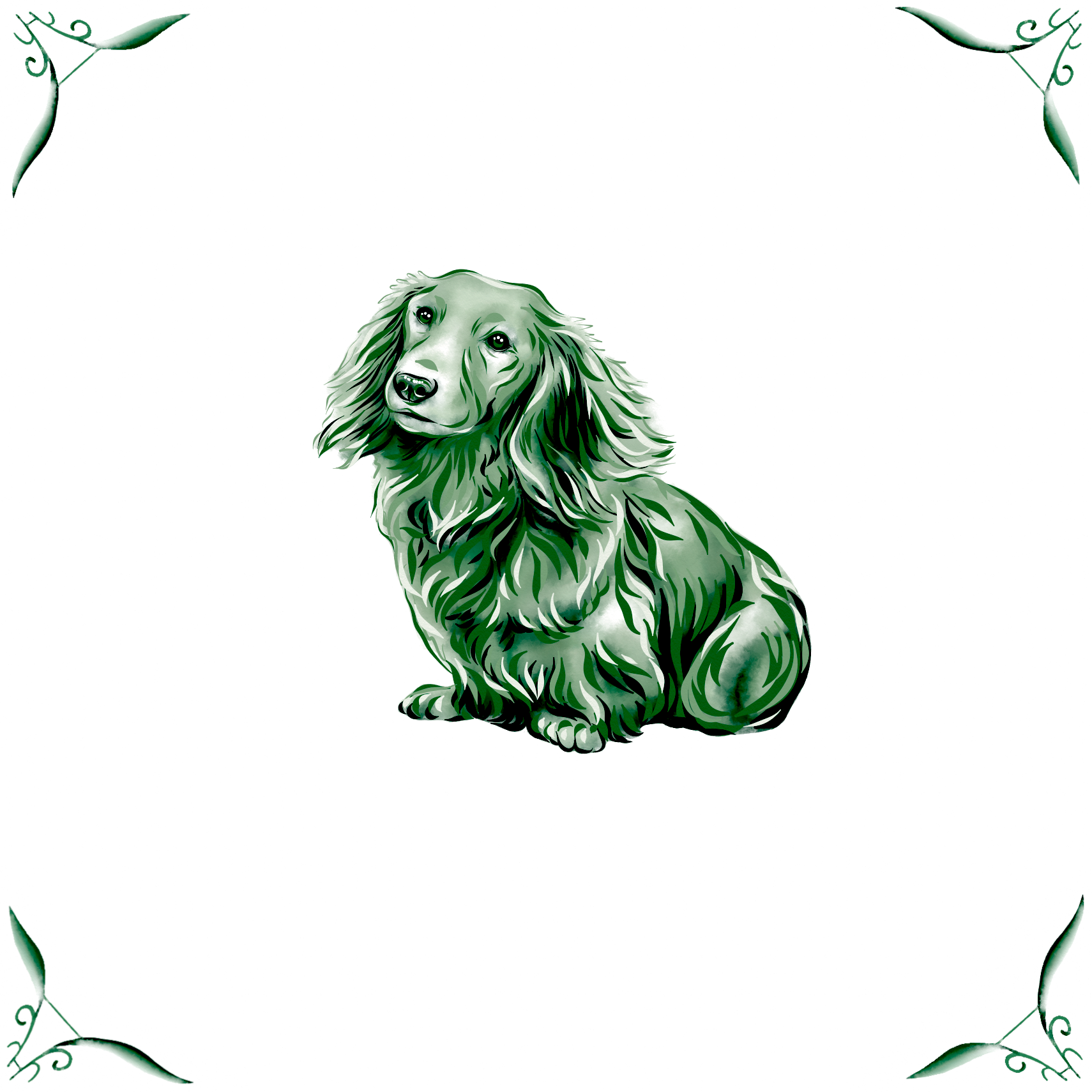 Delft Blue Ceramic Tile- Long Haired Dachshund Dog︱Bathroom Tile, Splashback, Kitchen Tiles, Modern Dutch Style