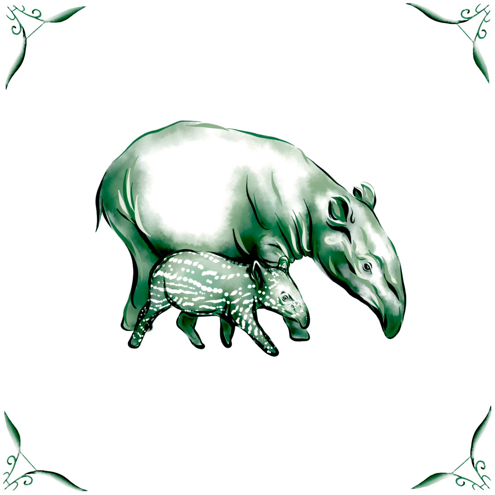 Delft Blue Ceramic Tile- Tapir and Baby︱Bathroom Tile, Splashback, Kitchen Tiles, Modern Dutch Style