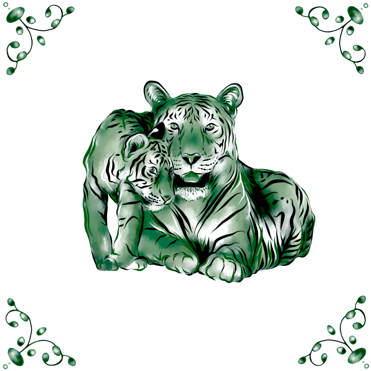 Delft Blue Ceramic Tile- Tiger and Cub︱Bathroom Tile, Splashback, Kitchen Tiles, Modern Dutch Style