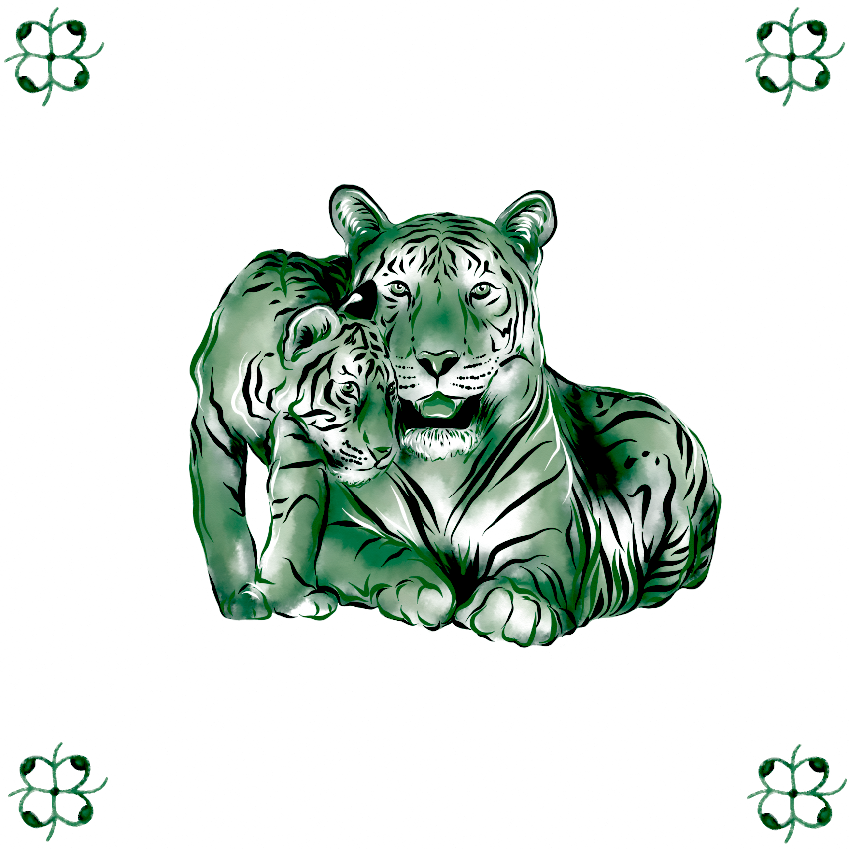 Delft Blue Ceramic Tile- Tiger and Cub︱Bathroom Tile, Splashback, Kitchen Tiles, Modern Dutch Style