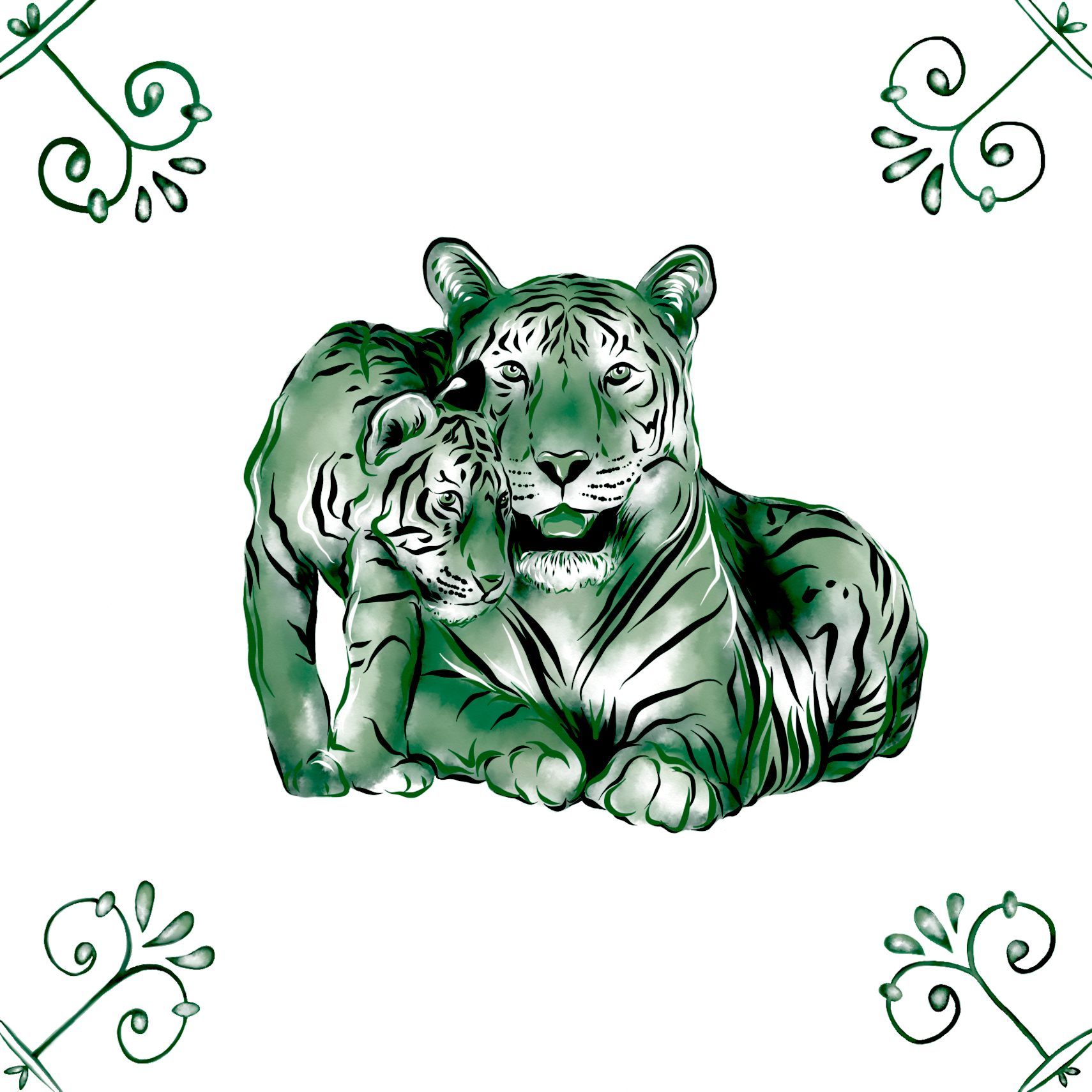 Delft Blue Ceramic Tile- Tiger and Cub︱Bathroom Tile, Splashback, Kitchen Tiles, Modern Dutch Style